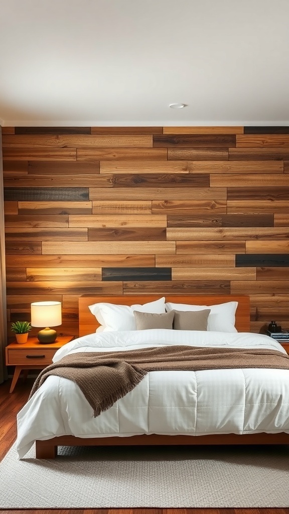 A cozy bedroom featuring a reclaimed wood accent wall behind a neatly made bed with soft linens and warm lighting.