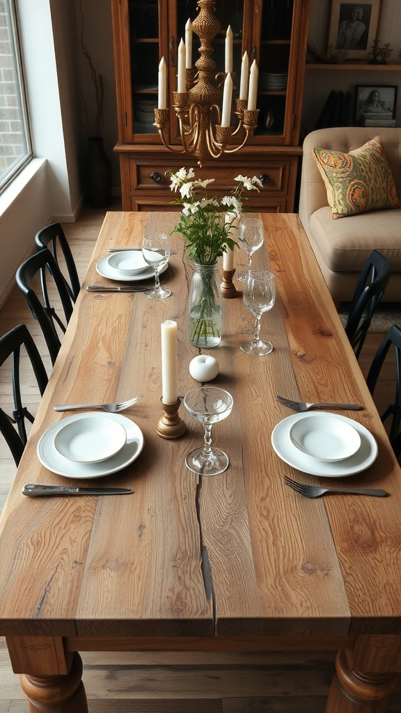 A reclaimed wood dining table set for a meal, featuring elegant place settings, a vase of flowers, and a chandelier above.