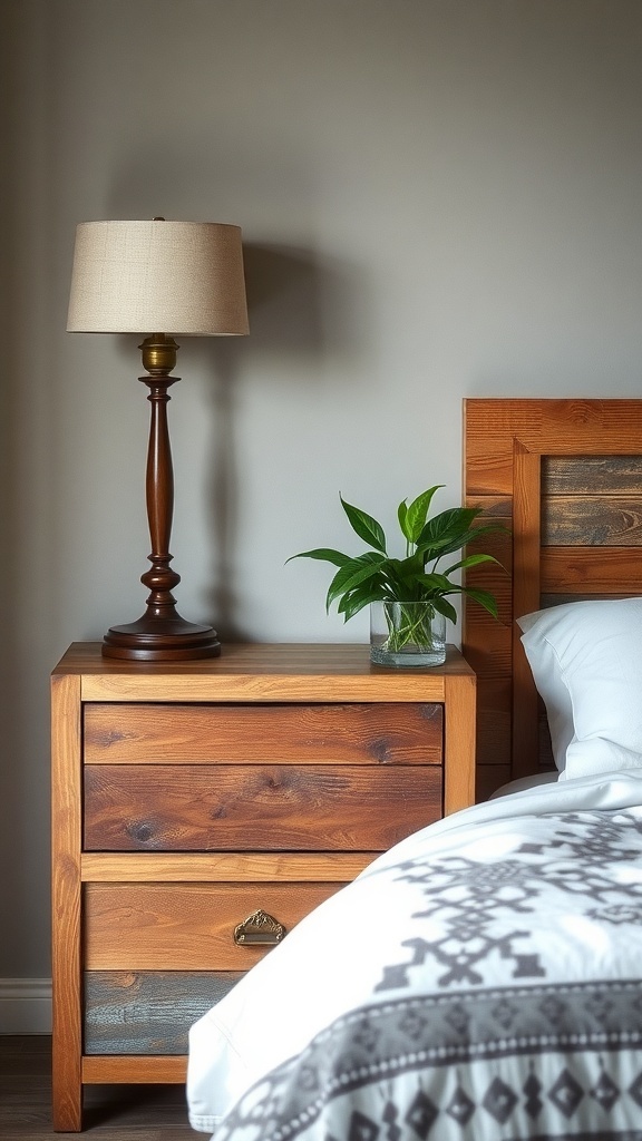 A rustic nightstand made of reclaimed wood with a lamp and a plant beside a bed.