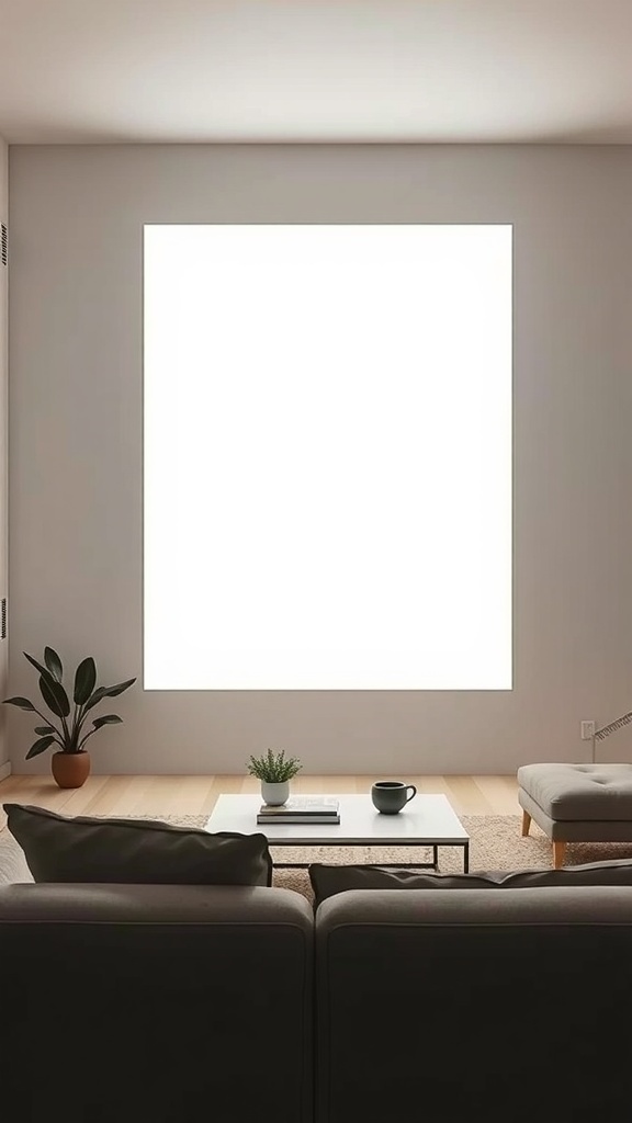A spacious living room with a large rectangular light box providing soft illumination.