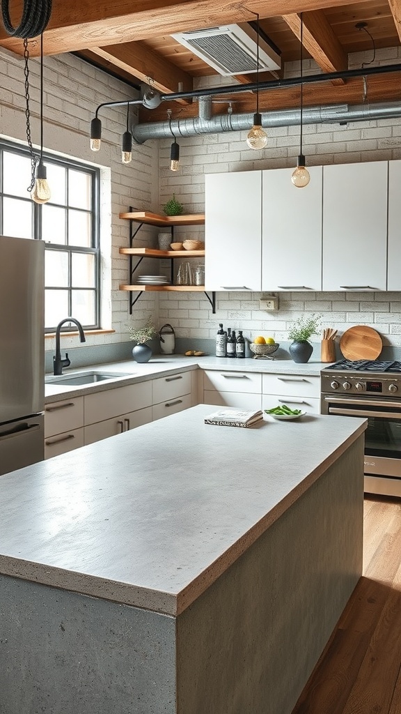 A modern kitchen featuring a recycled glass concrete fusion countertop with a polished finish, complemented by warm wood accents and industrial design elements.
