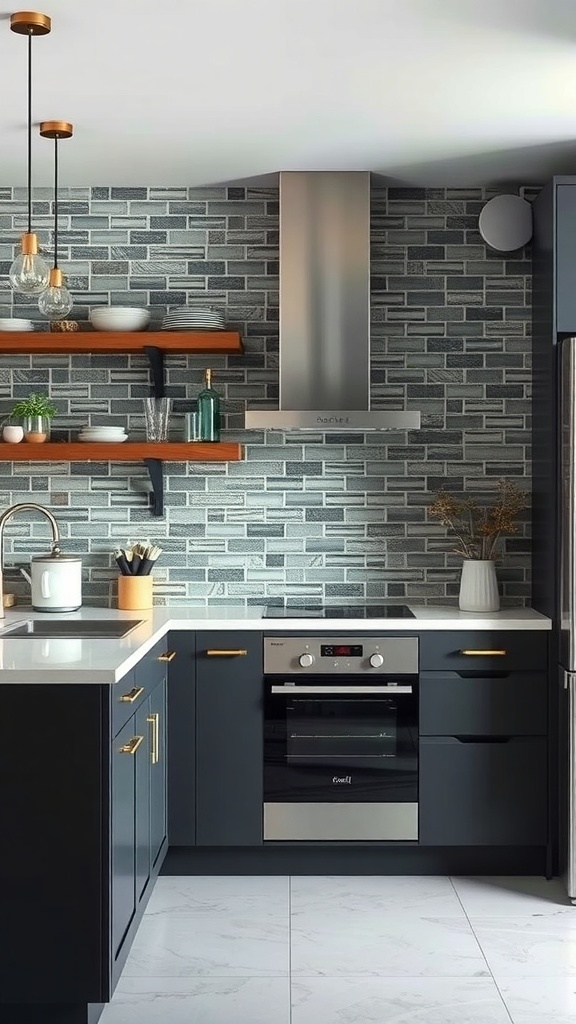 A modern kitchen featuring a backsplash made of recycled glass tiles, with dark cabinetry and sleek countertops.
