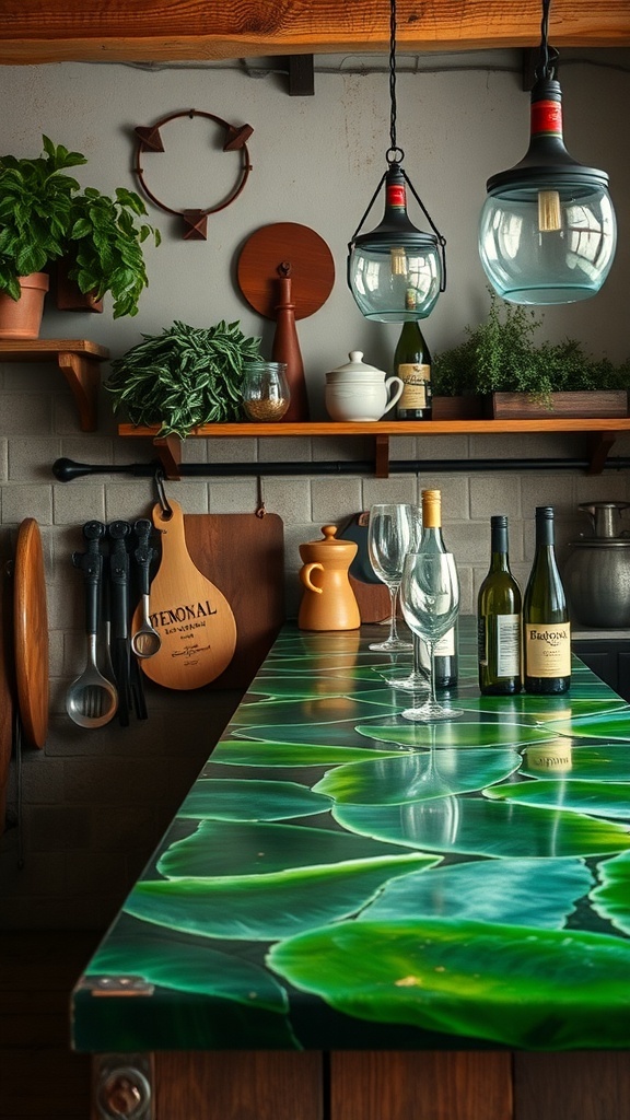 A kitchen featuring a recycled wine bottle glass countertop in deep green tones, complemented by wooden shelves and glass pendant lights.