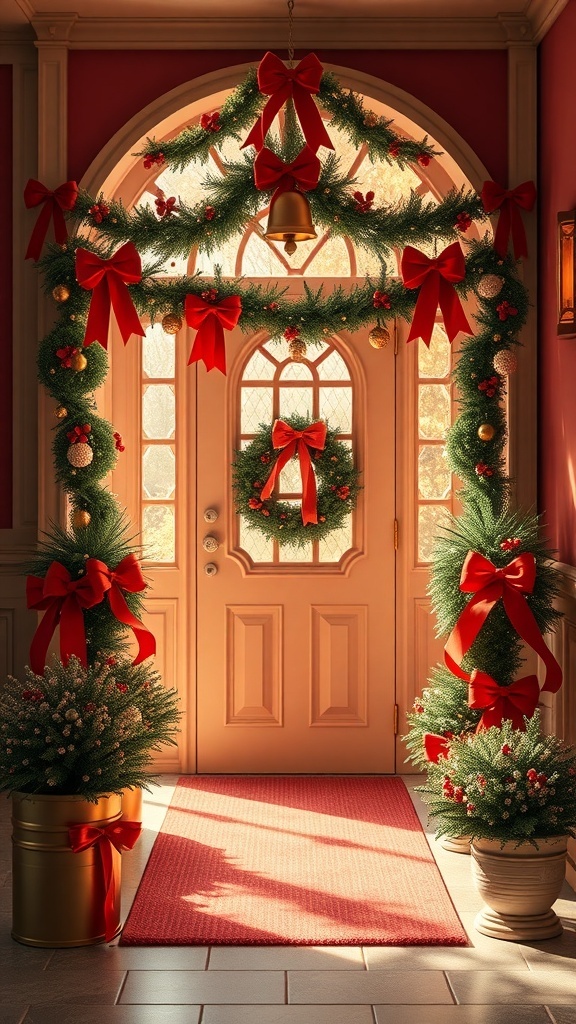 A beautifully decorated entryway featuring red and gold accents with lush greenery and a festive wreath.
