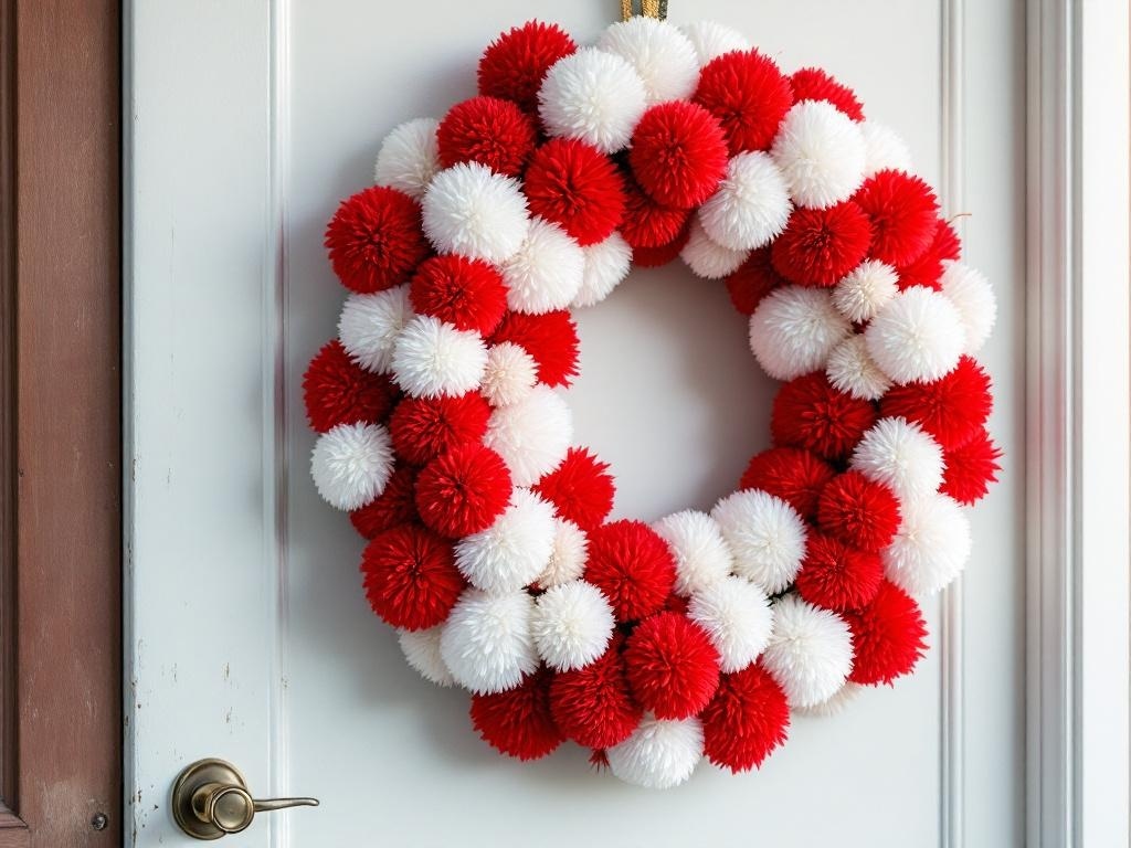 A vibrant red and white pom-pom wreath hanging on a door.