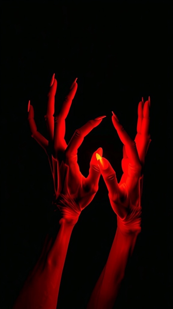 Red LED fingertip hands glowing in the dark