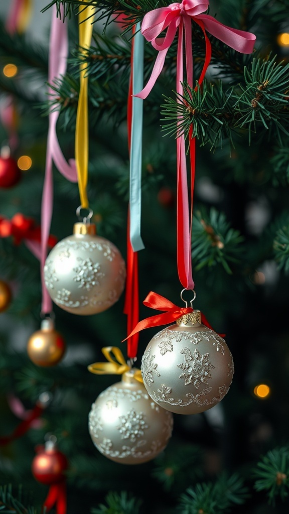 Christmas tree ornaments with colorful ribbons hanging from branches.