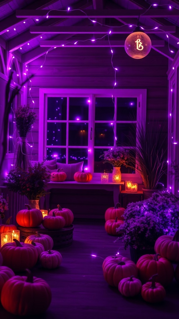 A cozy indoor space decorated for Halloween with purple lighting, pumpkins, and candles.
