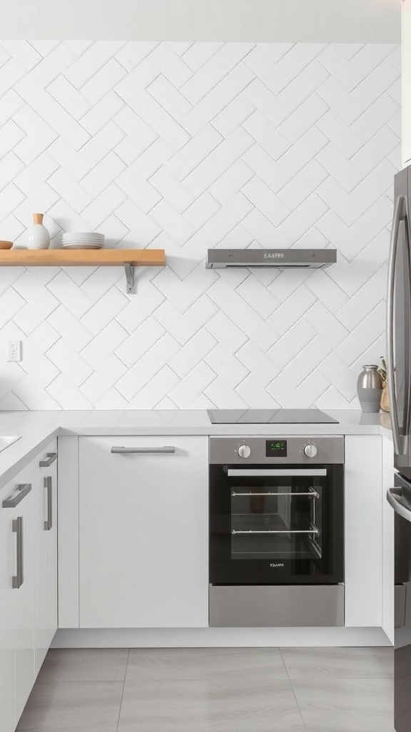 A modern kitchen featuring a diagonal herringbone backsplash in white tile, complemented by soft cabinetry and minimal decor.