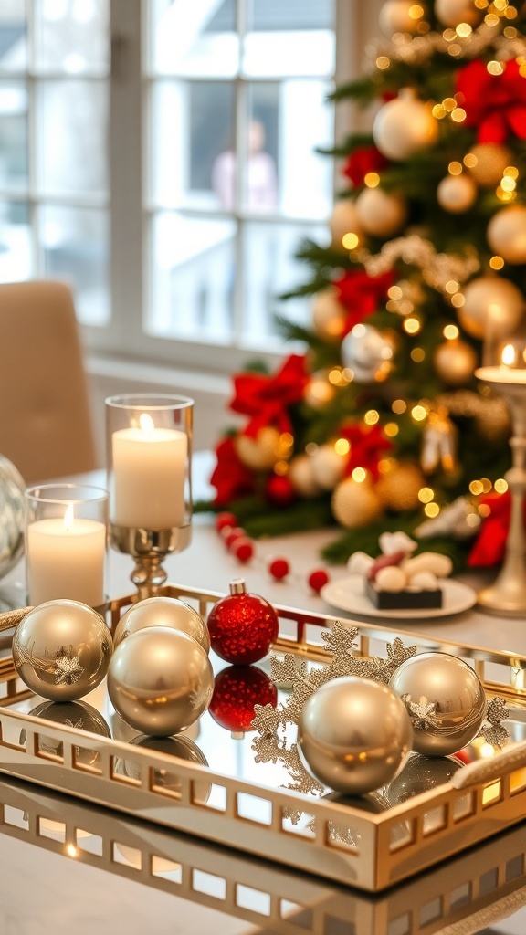 A decorative arrangement of silver ornaments on a mirrored tray with candles, set against a Christmas tree.