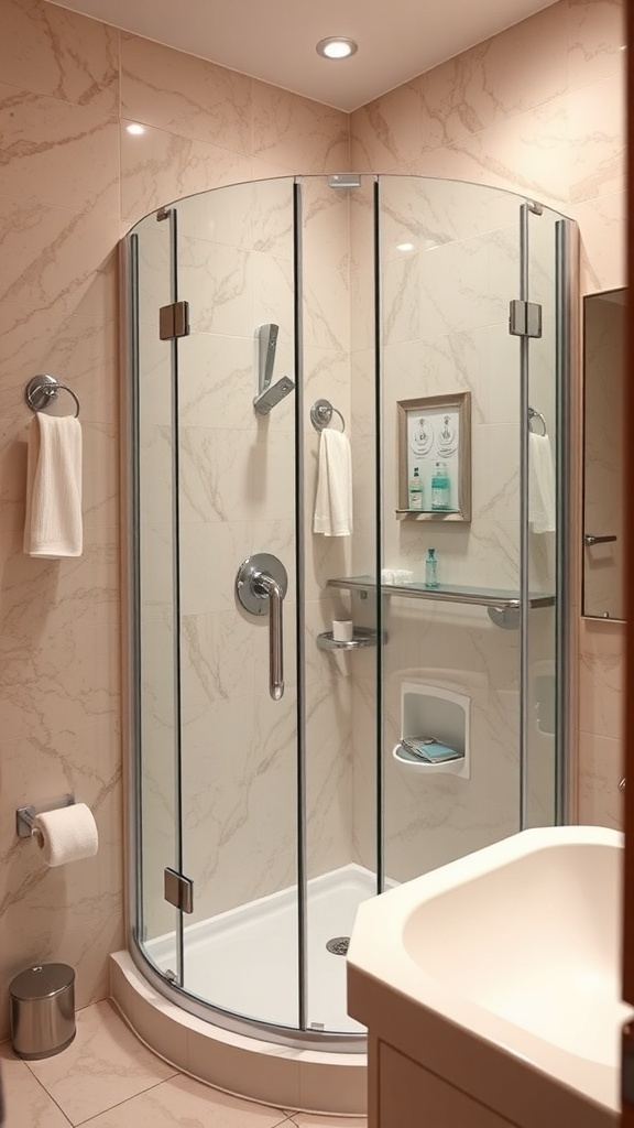 Curved glass shower enclosure in a modern bathroom