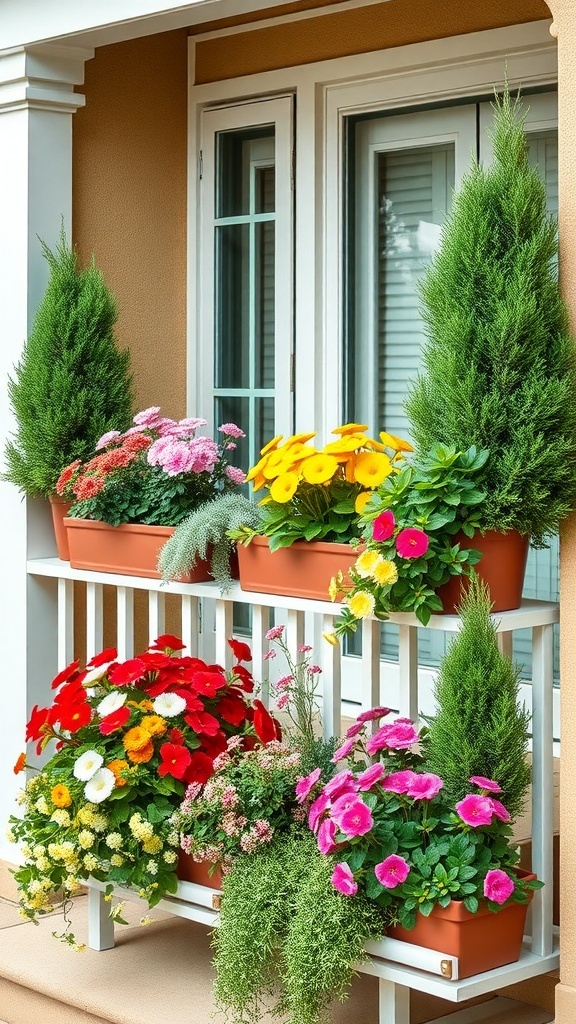 Colorful planter boxes filled with flowers and greenery on a balcony.