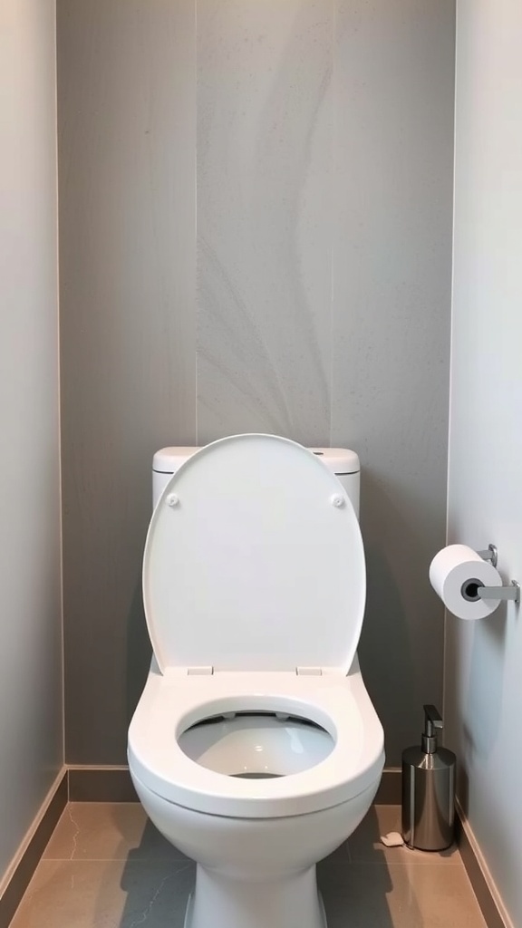 A clean and modern bathroom with a white toilet and minimalist decor.