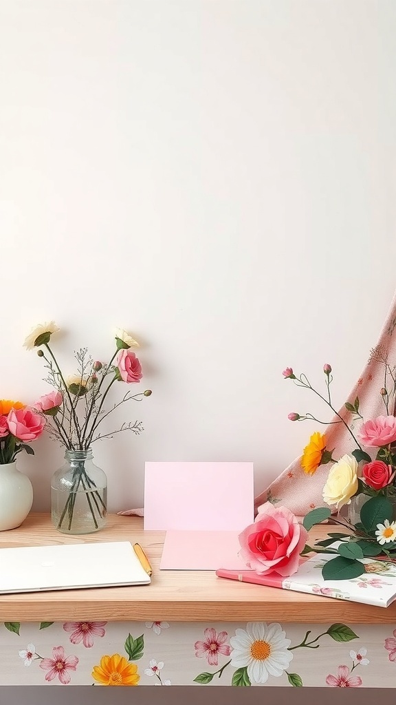 A bright workspace with flowers, pastel colors, and stationery.