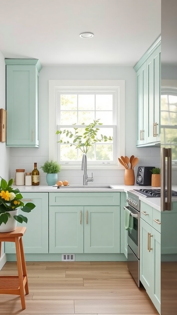 A small kitchen featuring mint green cabinets, a window with natural light, and warm wood accents.