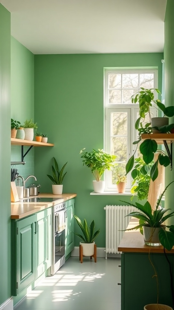 A bright kitchen with soft green walls and various plants, creating a natural and inviting atmosphere.