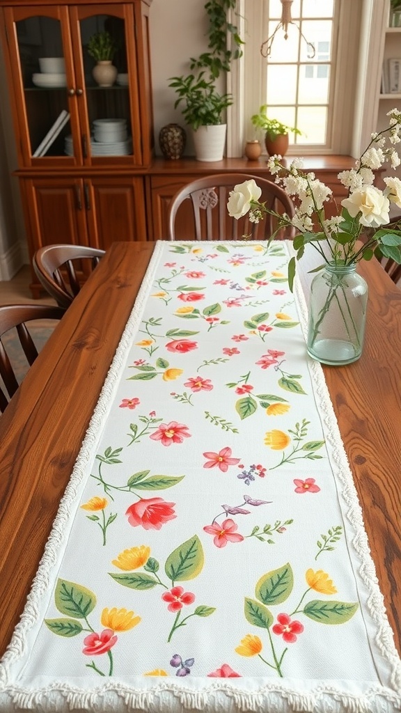 A floral table runner on a wooden dining table with a vase of flowers.