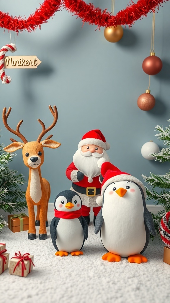 A festive display featuring a reindeer, two penguins, and Santa Claus surrounded by Christmas decorations.