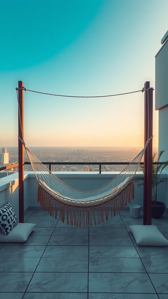 A cozy hammock on a rooftop patio with a city view during sunset.