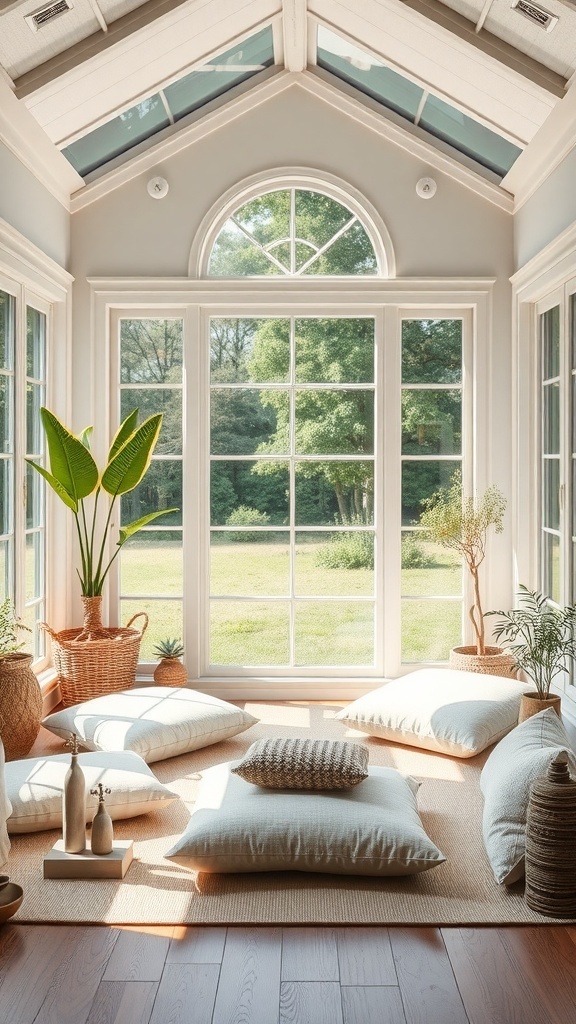 A sunroom with soft cushions, plants, and large windows, creating a relaxing meditation space.