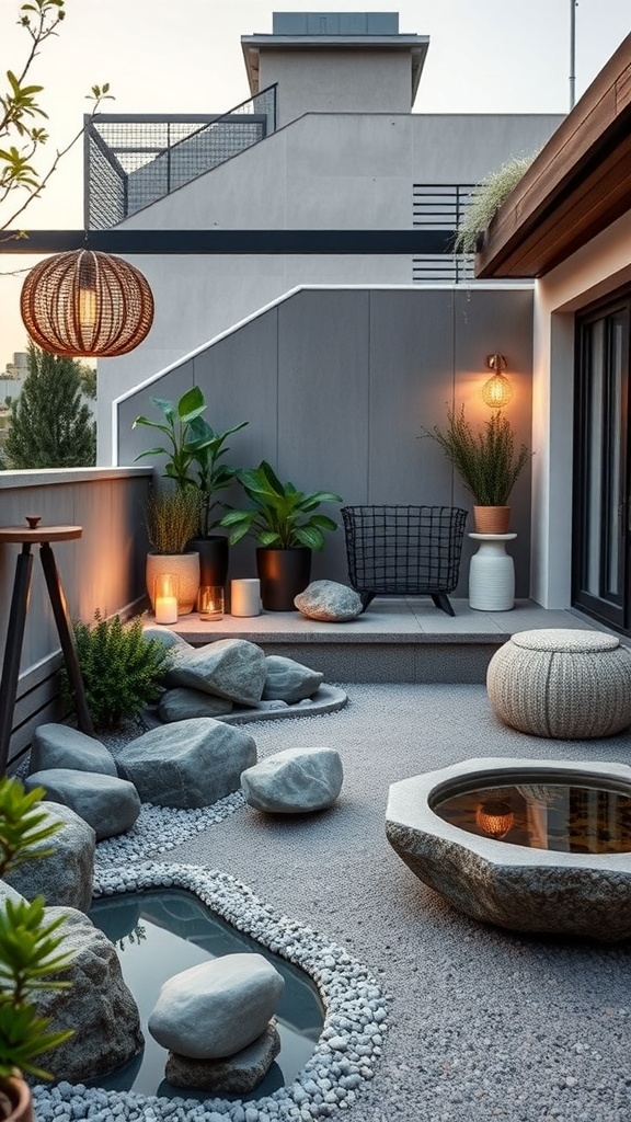 A serene rooftop terrace featuring a Zen garden with stones, water features, and soft lighting.