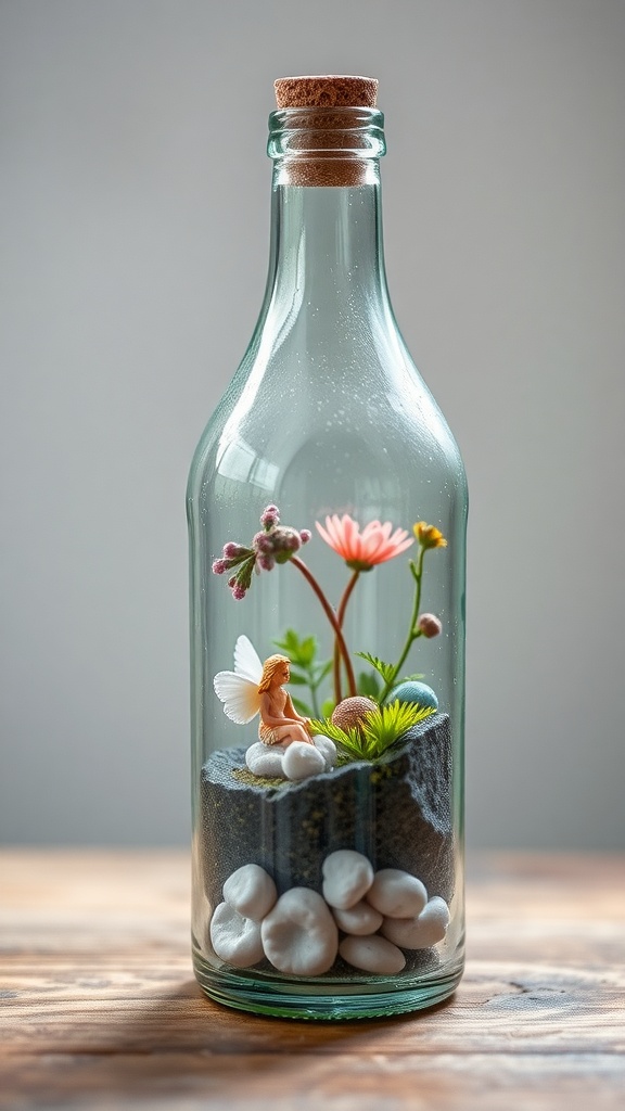 A repurposed glass bottle containing a miniature fairy garden with a fairy figure, flowers, and pebbles.