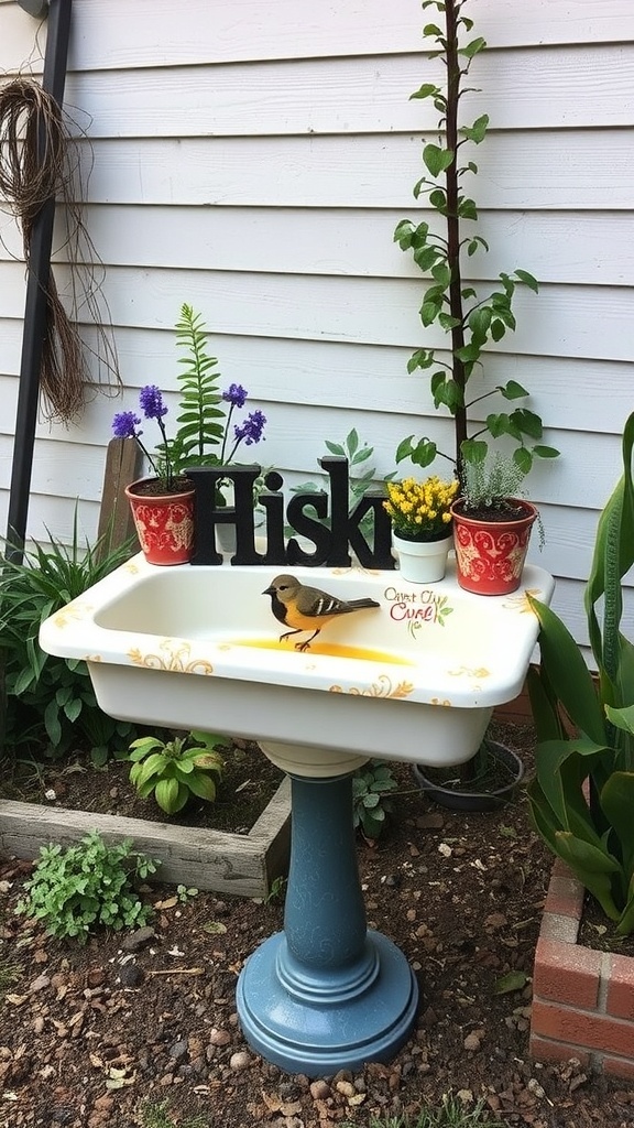A vintage sink bird bath with a blue pedestal, surrounded by colorful flowers and a sign.