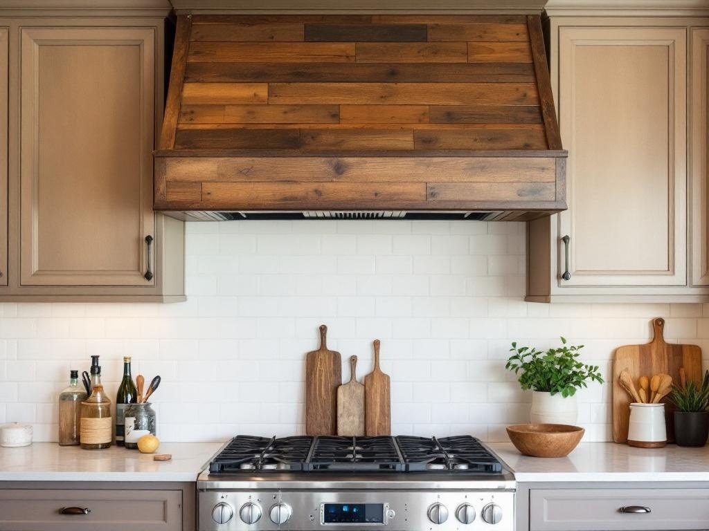A stylish kitchen with a vent hood cover made of repurposed vintage wood.