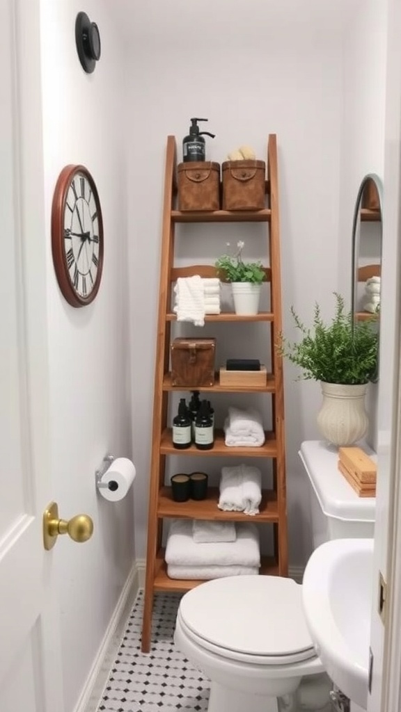 A small bathroom featuring a wooden ladder shelf with towels and plants, showcasing smart storage solutions.