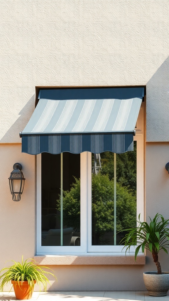 A blue and white striped retractable awning over a window, providing shade and privacy.