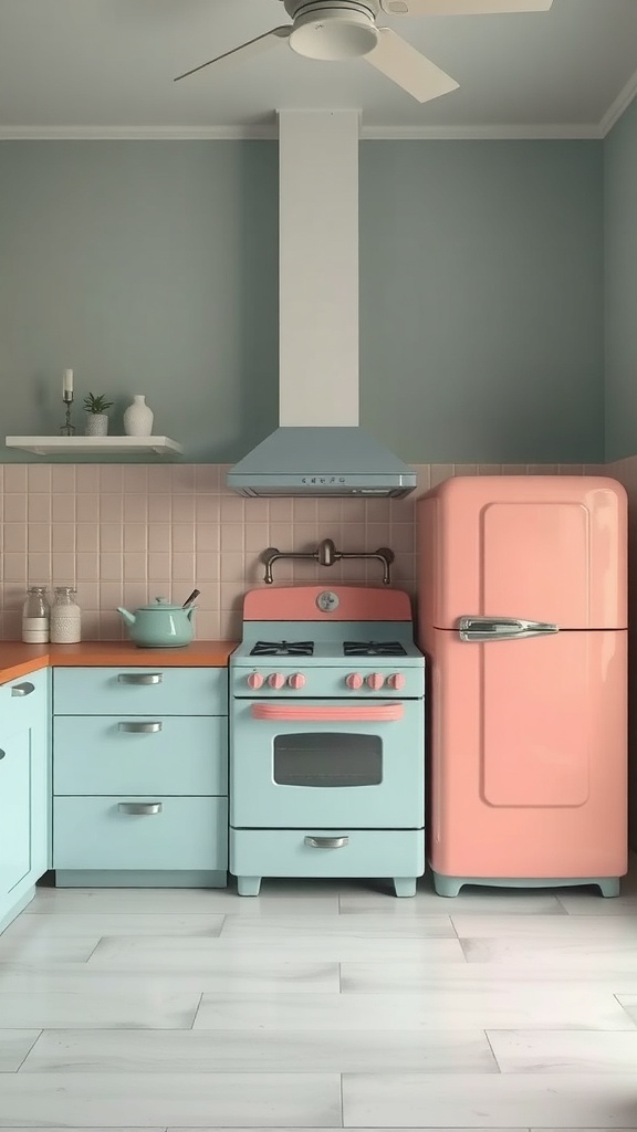 A mid-century modern kitchen featuring retro-inspired appliances in pastel colors.
