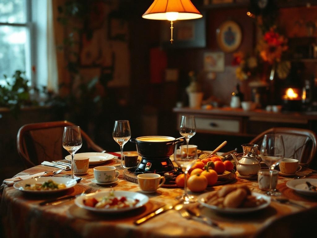 A cozy table set for a Retro 70s Dinner Party with fondue, colorful food, and vintage glassware.