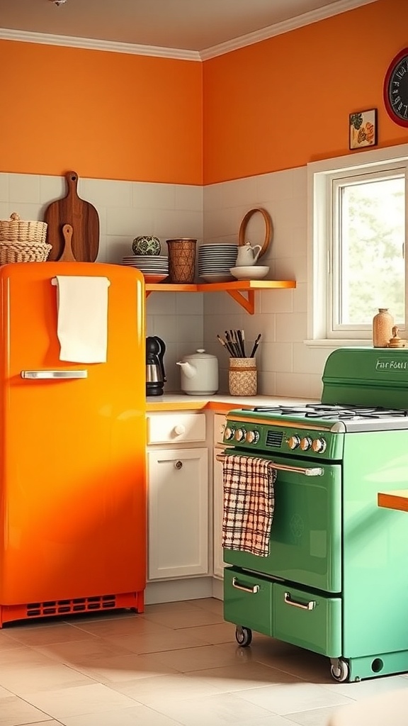 A vibrant kitchen featuring an orange fridge and a green stove, showcasing retro 1970s style.