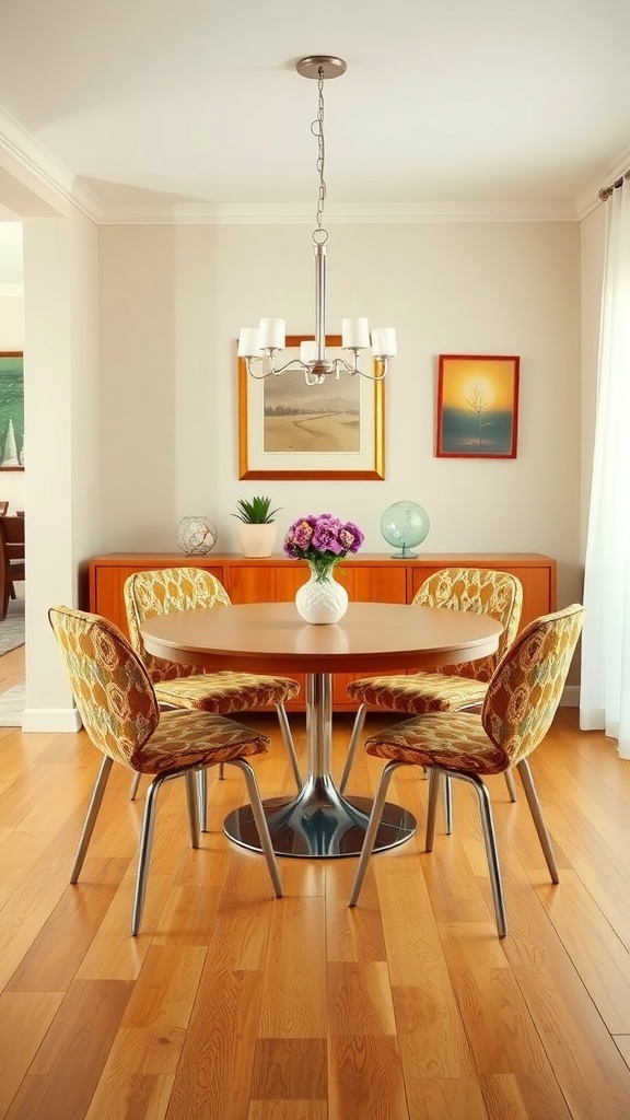 A retro dining set featuring a round table and patterned chairs, set in a cozy dining area.