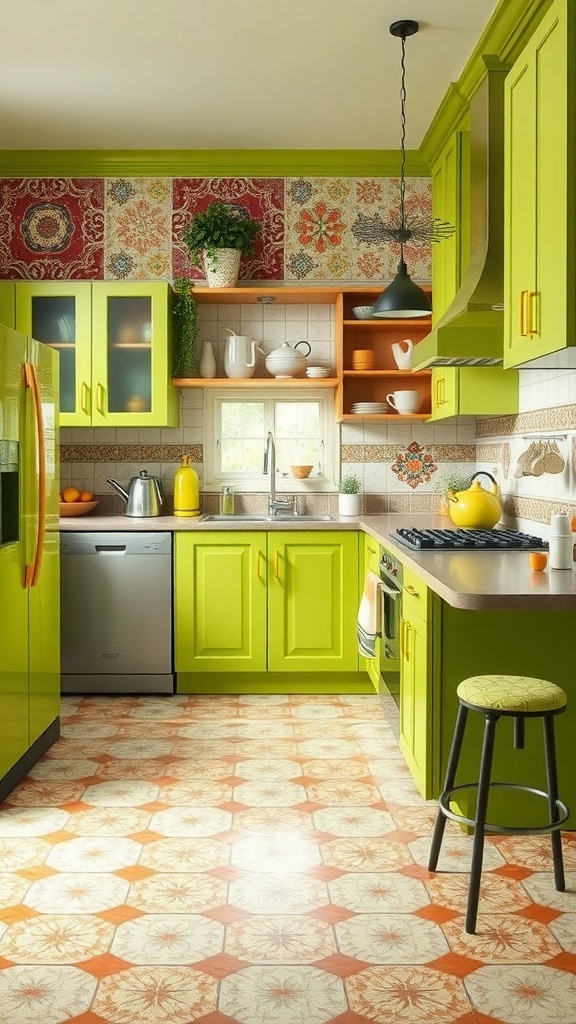 A vibrant kitchen featuring chartreuse green cabinets, eclectic patterned tiles, and warm accents.