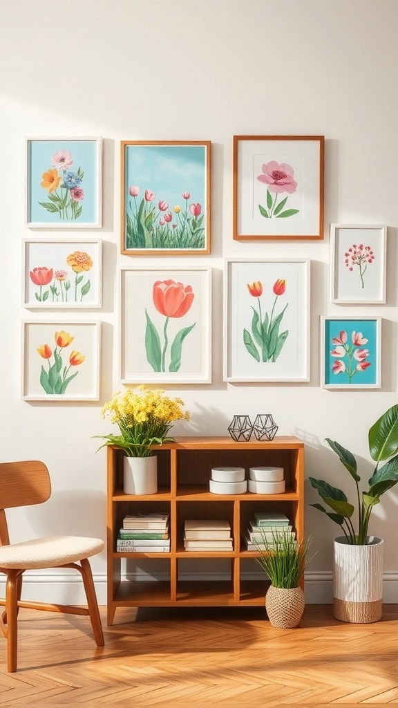A collection of floral artworks displayed on a wall, featuring various colorful flower prints in different frames, complemented by a wooden shelf with plants and books.
