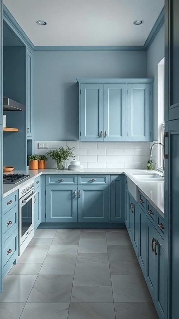 A kitchen featuring rich blue cabinets with light countertops and a serene atmosphere.