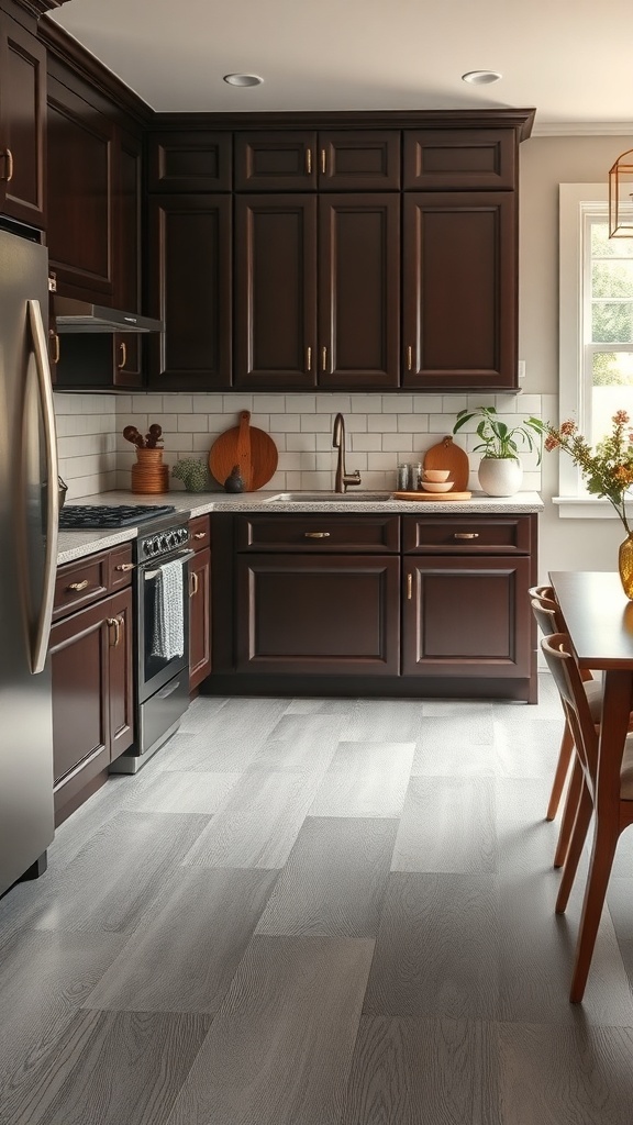 A modern kitchen featuring rich espresso brown cabinets and light gray flooring.