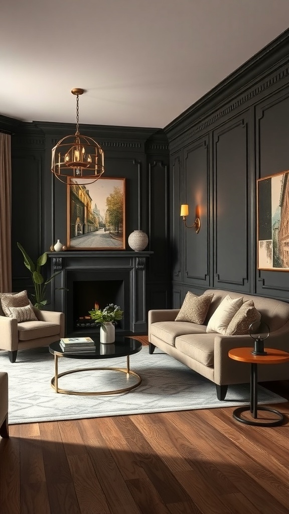 A cozy living room featuring rich espresso tones on the walls, with beige sofas, a dark coffee table, and warm lighting.