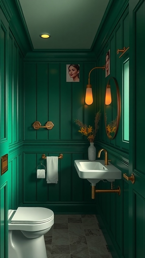 A small powder room featuring rich green paneling, a white sink, gold fixtures, and decorative elements.