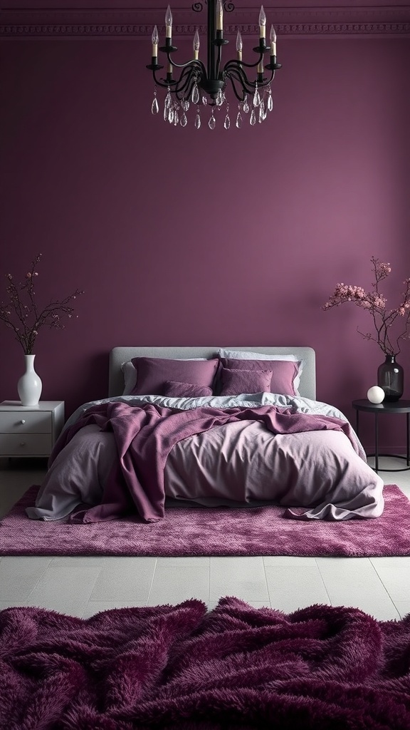 A cozy bedroom featuring rich plum walls, layered bedding, and a chandelier.