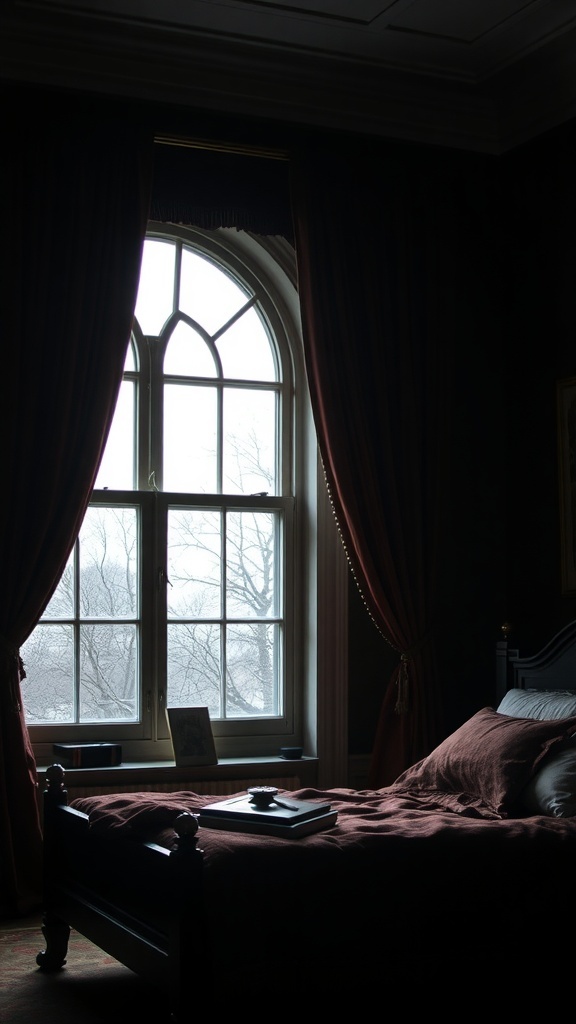 A dark bedroom featuring rich velvet drapes framing a large window, with a cozy bed and soft lighting.