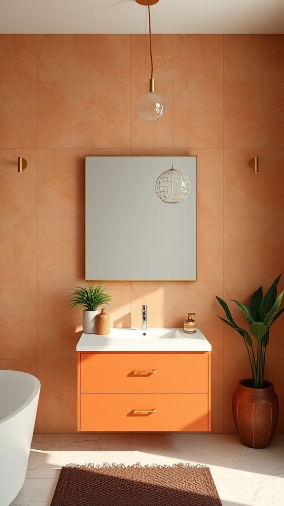 A modern bathroom featuring a warm terracotta cabinet with a white countertop, gold hardware, and decorative plants.