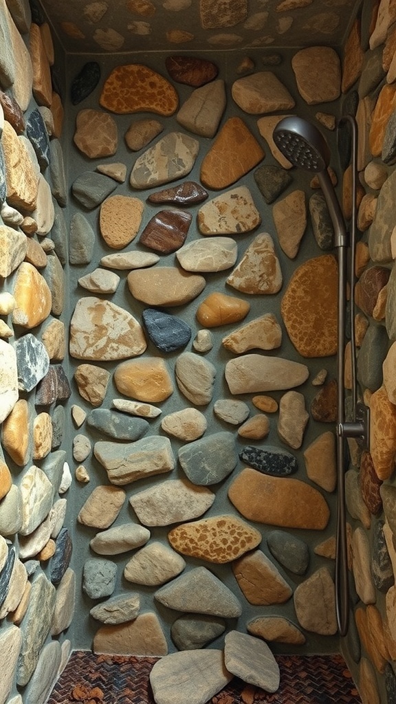 Shower with river rock walls and a modern showerhead