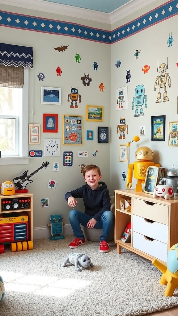 A colorful boy's room decorated with robot-themed accessories, featuring wall decals and playful furniture.