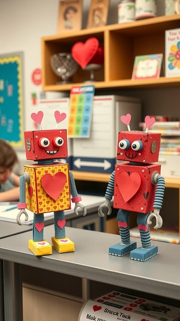 Two colorful robot figures made from snack boxes, decorated with hearts and googly eyes, sitting on a classroom table.