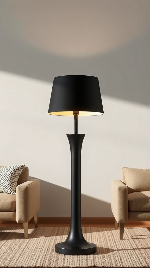 Rocco Matte Black Lamp with a sleek design, placed next to two cozy chairs.
