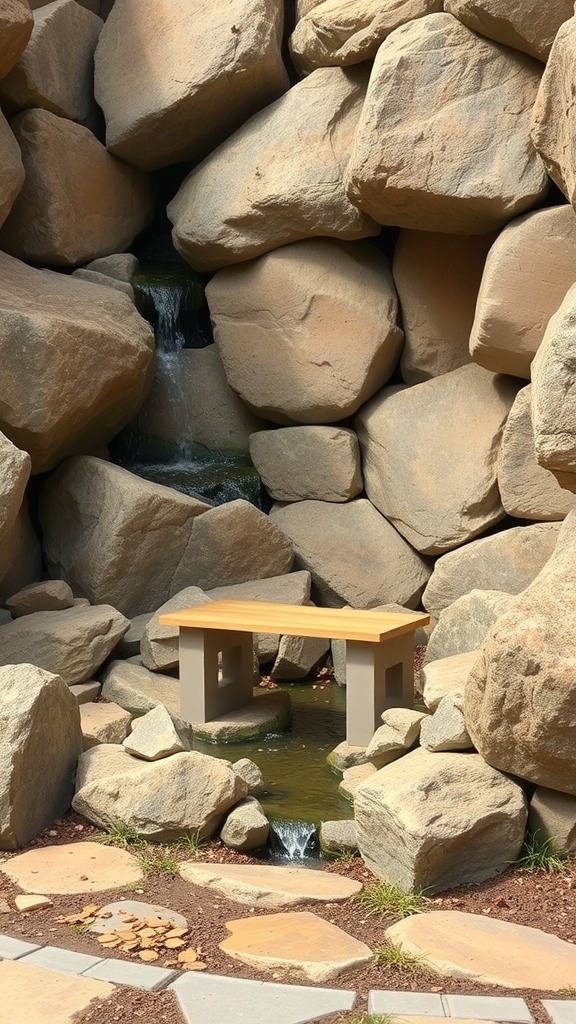 A serene rock garden nook featuring a natural water feature and a simple bench.