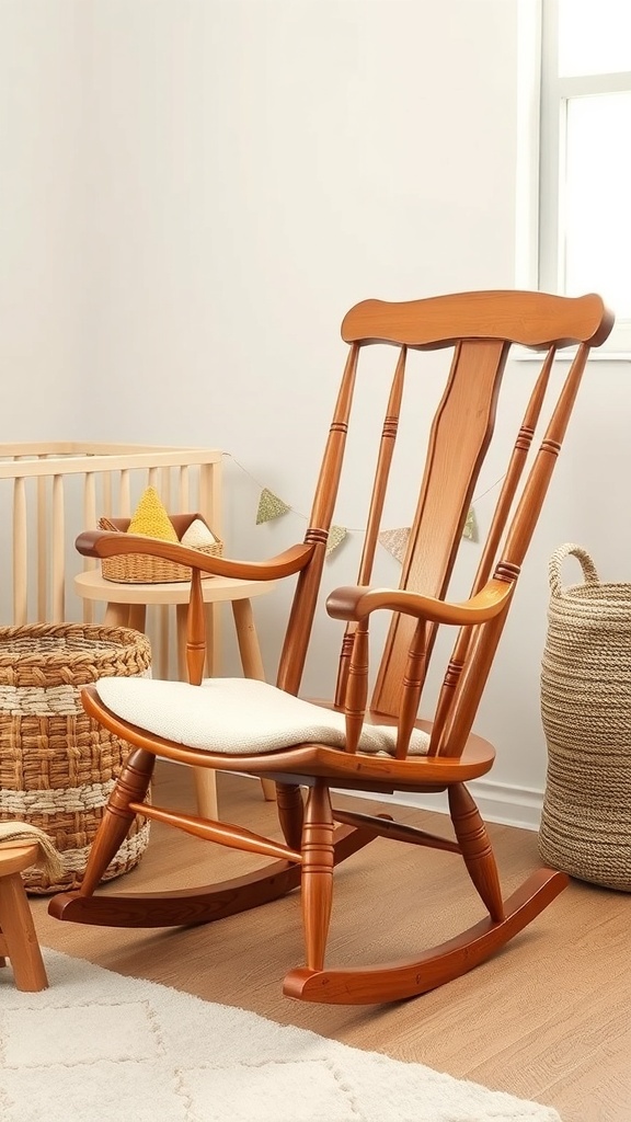 A wooden rocking chair with organic upholstery in a nursery setting.