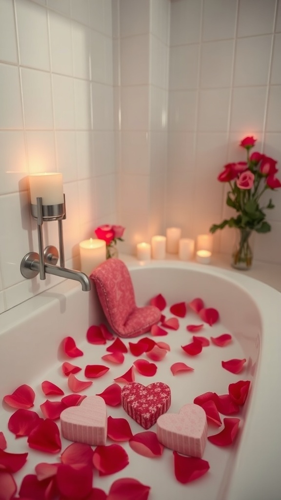 A romantic bath setup with rose petals, heart-shaped soaps, candles, and a bouquet of roses.